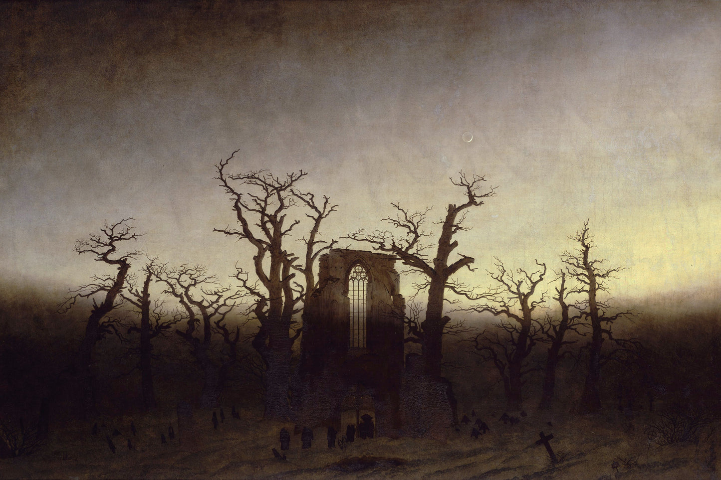 Majestic painting of a church surrounded by bare trees under a dark, moody sky.