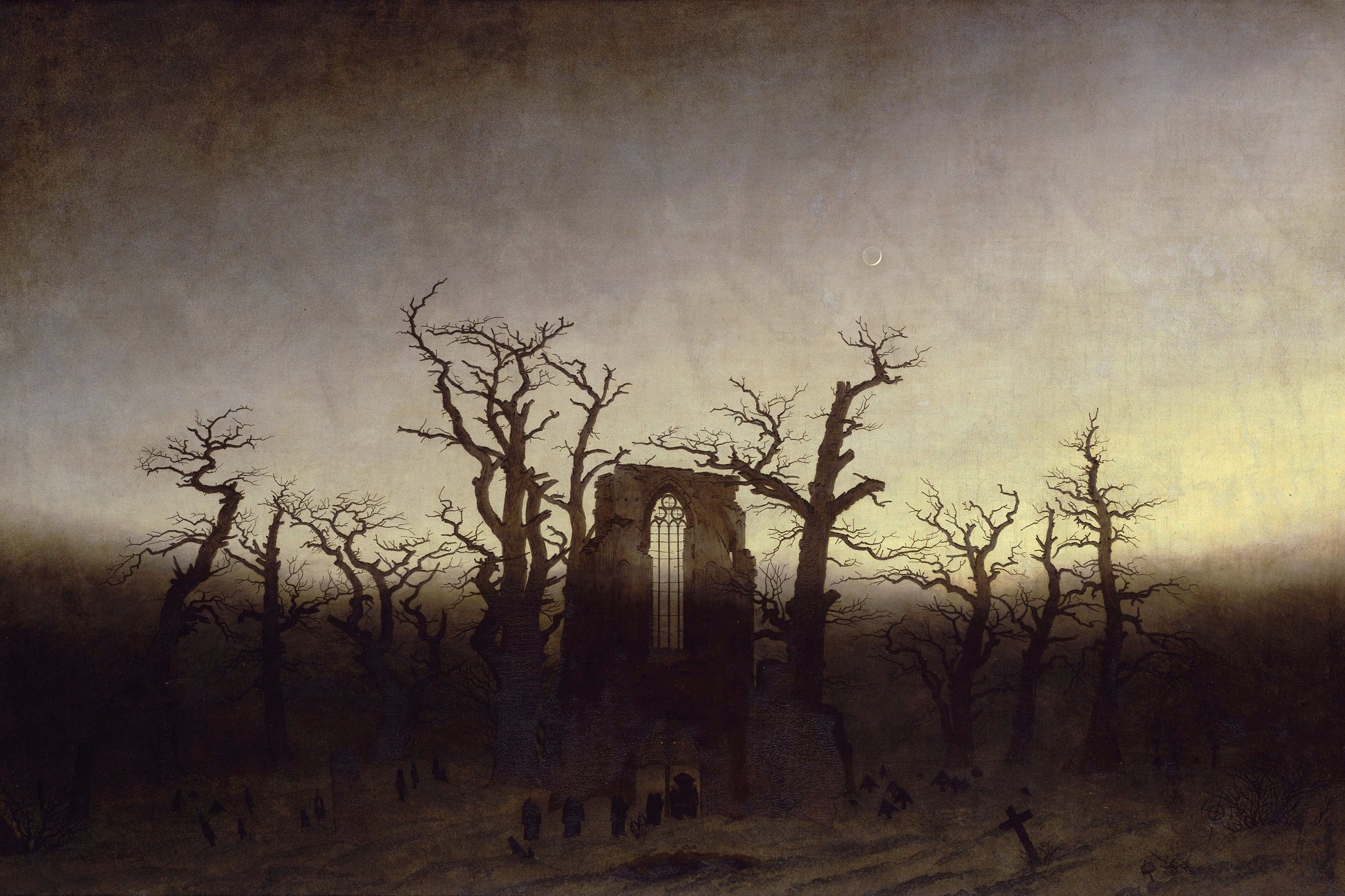 Majestic painting of a church surrounded by bare trees under a dark, moody sky.