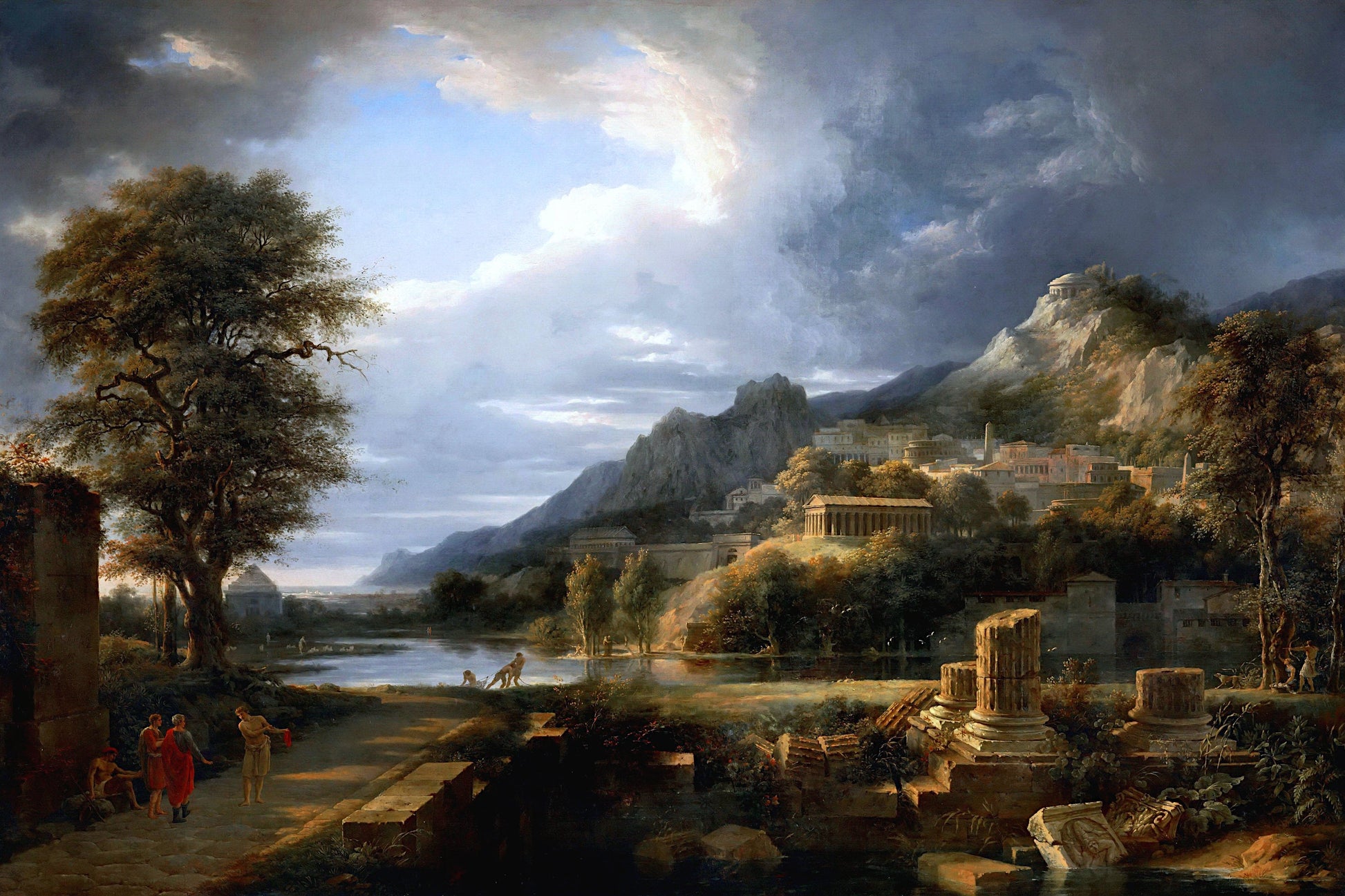 Classical landscape with ruins, figures, and mountains under a dramatic sky.