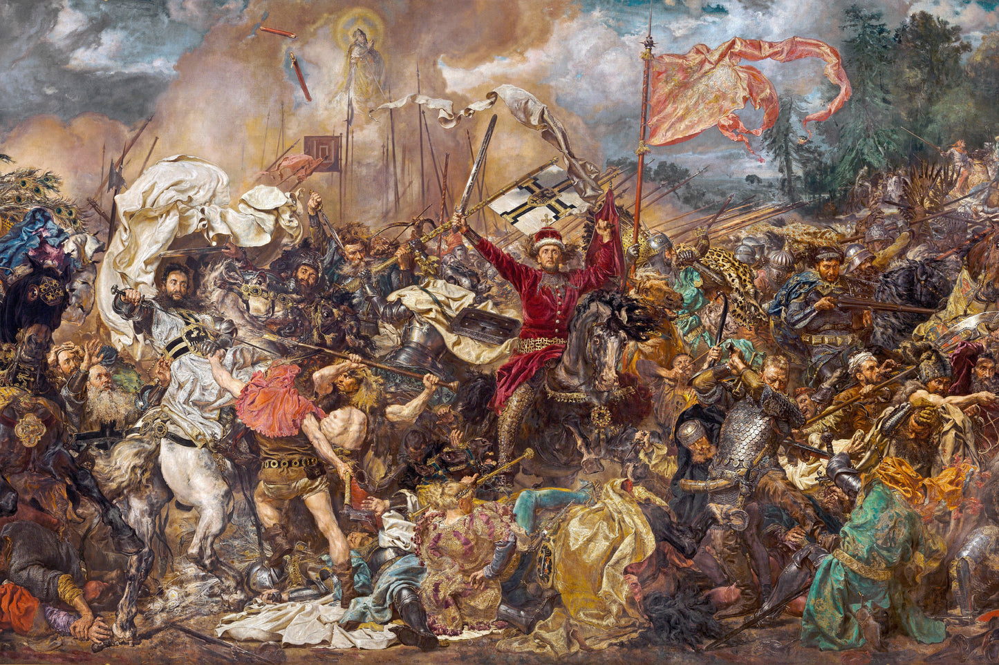 Mural depicting a chaotic battle scene with figures and flags