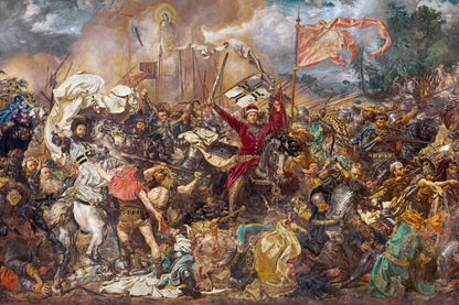 Mural depicting a chaotic battle scene with figures and flags