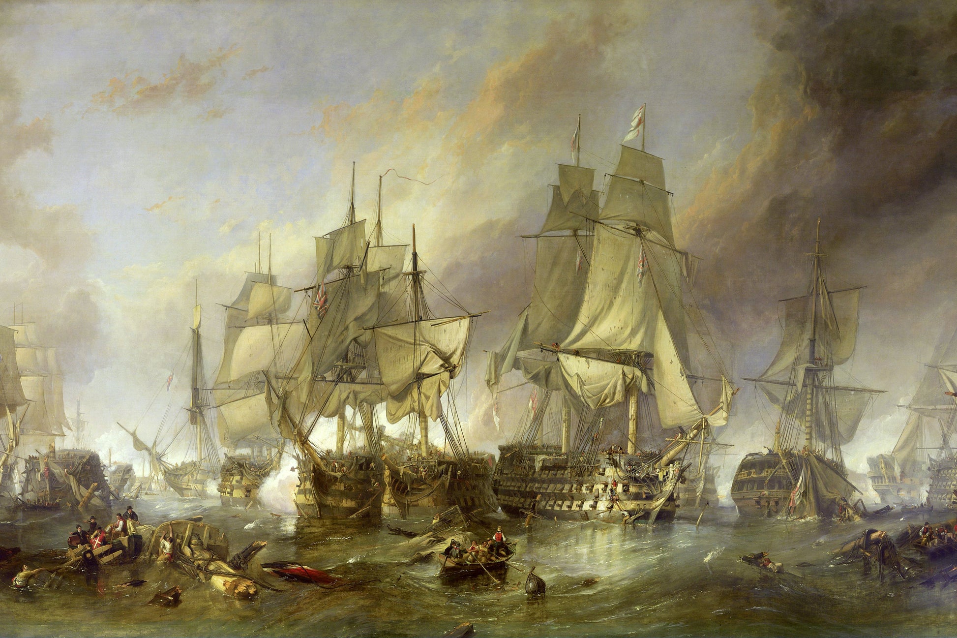 Painting of a naval battle with ships on a stormy day