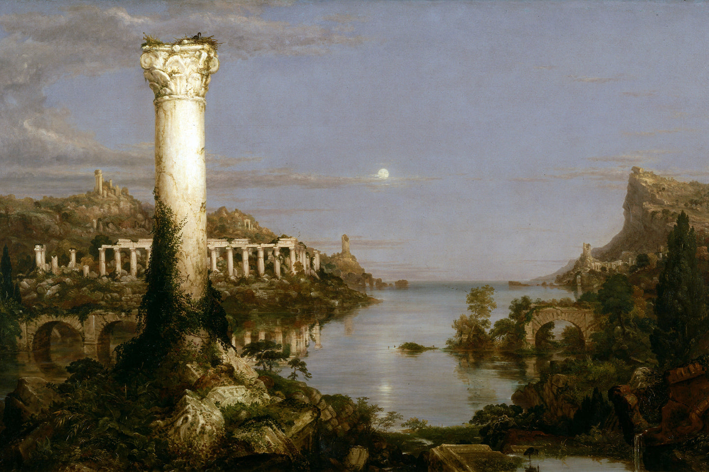 Majestic landscape with classical ruins, a column, and a body of water under a cloudy sky.