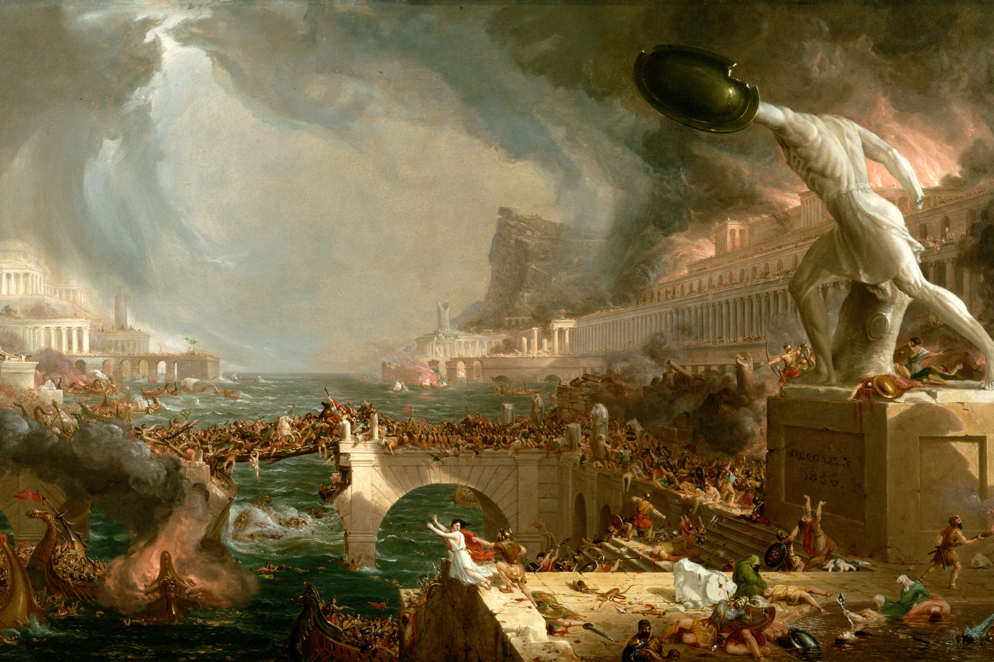 Mural depicting a dramatic scene with a fallen statue and people around a body of water, possibly a depiction of a historical event or myth.