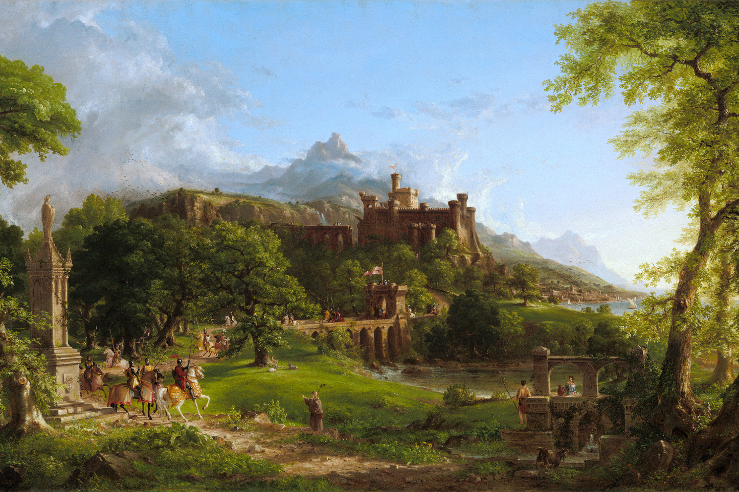 Vintage-style painting of a castle in a lush landscape with people and animals.