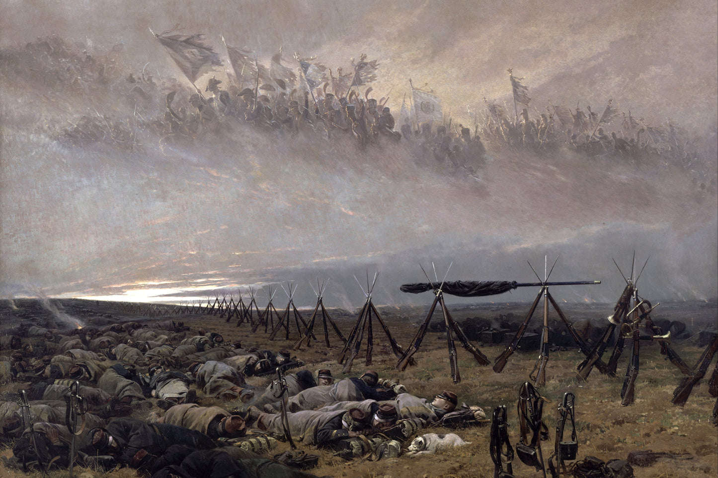 Painting of a historical battle scene with soldiers and artillery.