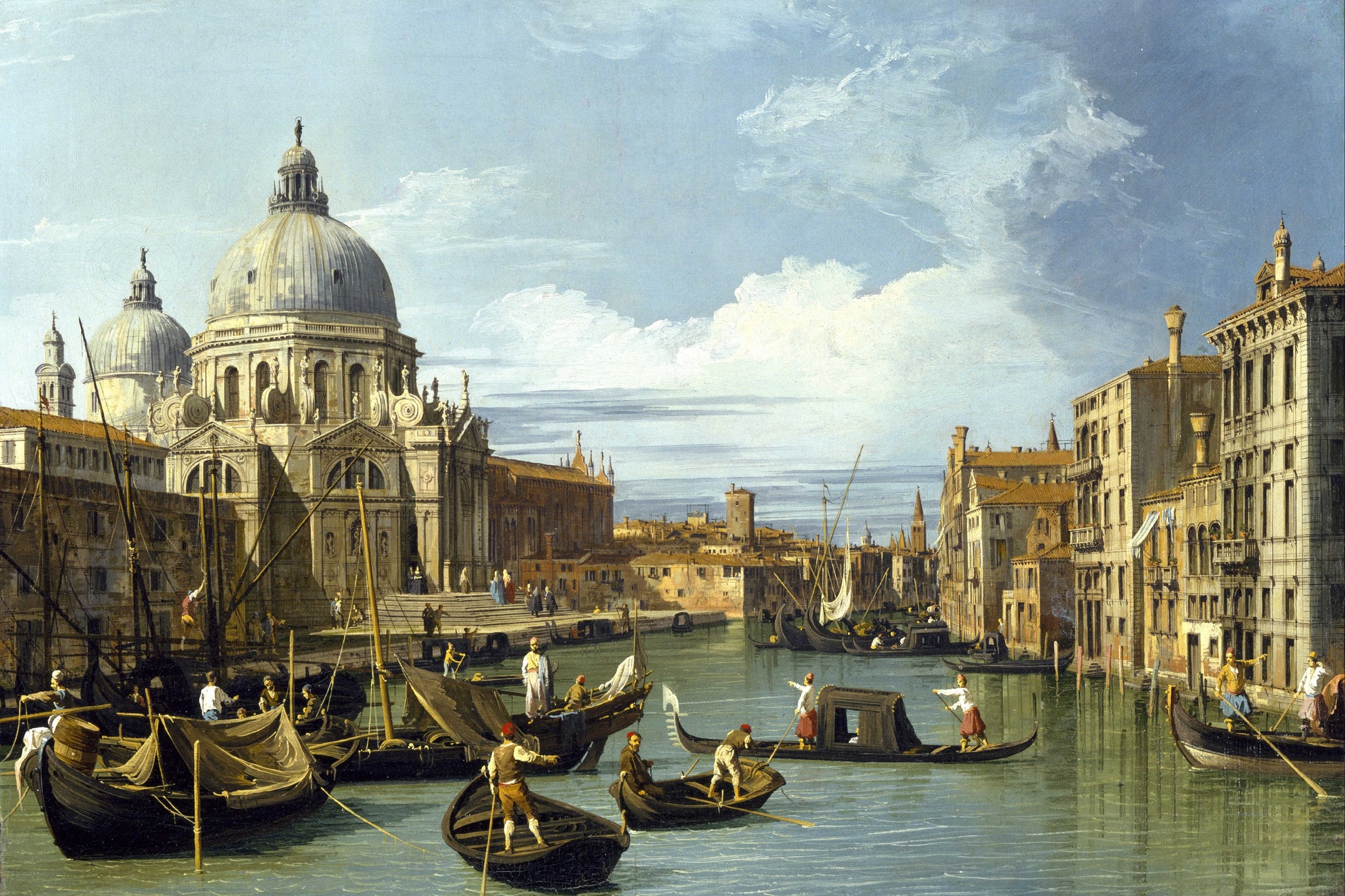 Venetian canal scene with gondolas and buildings in the background