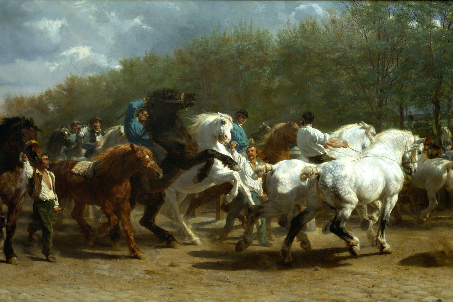 Horses and riders in a dynamic scene with trees and buildings in the background