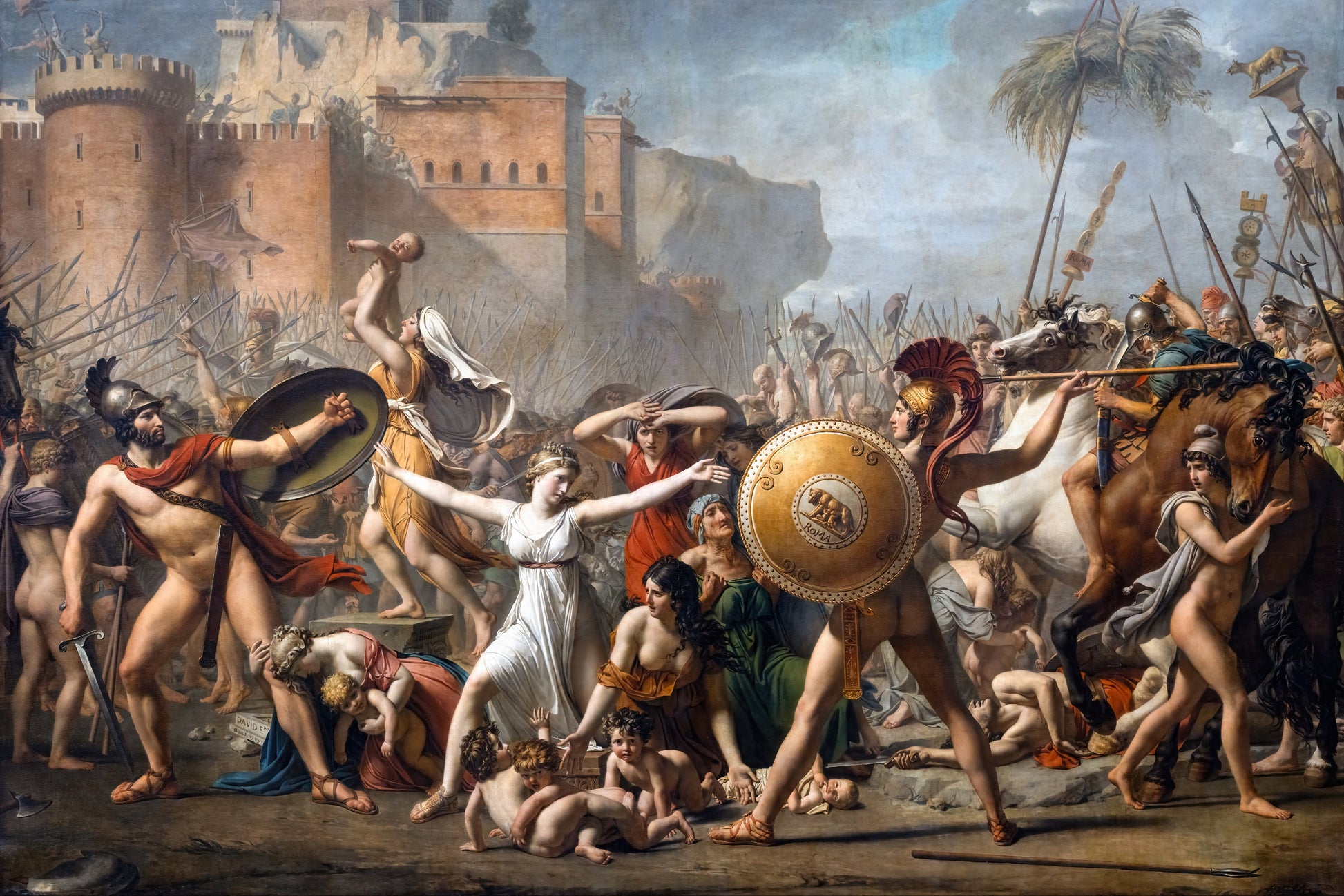 Historical painting of a battle scene with soldiers and horses in ancient attire.