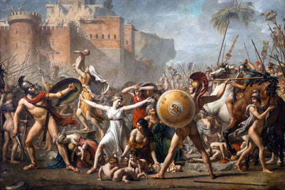 Historical painting of a battle scene with soldiers and horses in ancient attire.