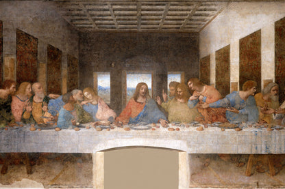 Famous artwork 'The Last Supper' by Leonardo da Vinci in a museum setting.