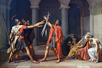 Historical scene with figures in classical attire in a stone archway setting