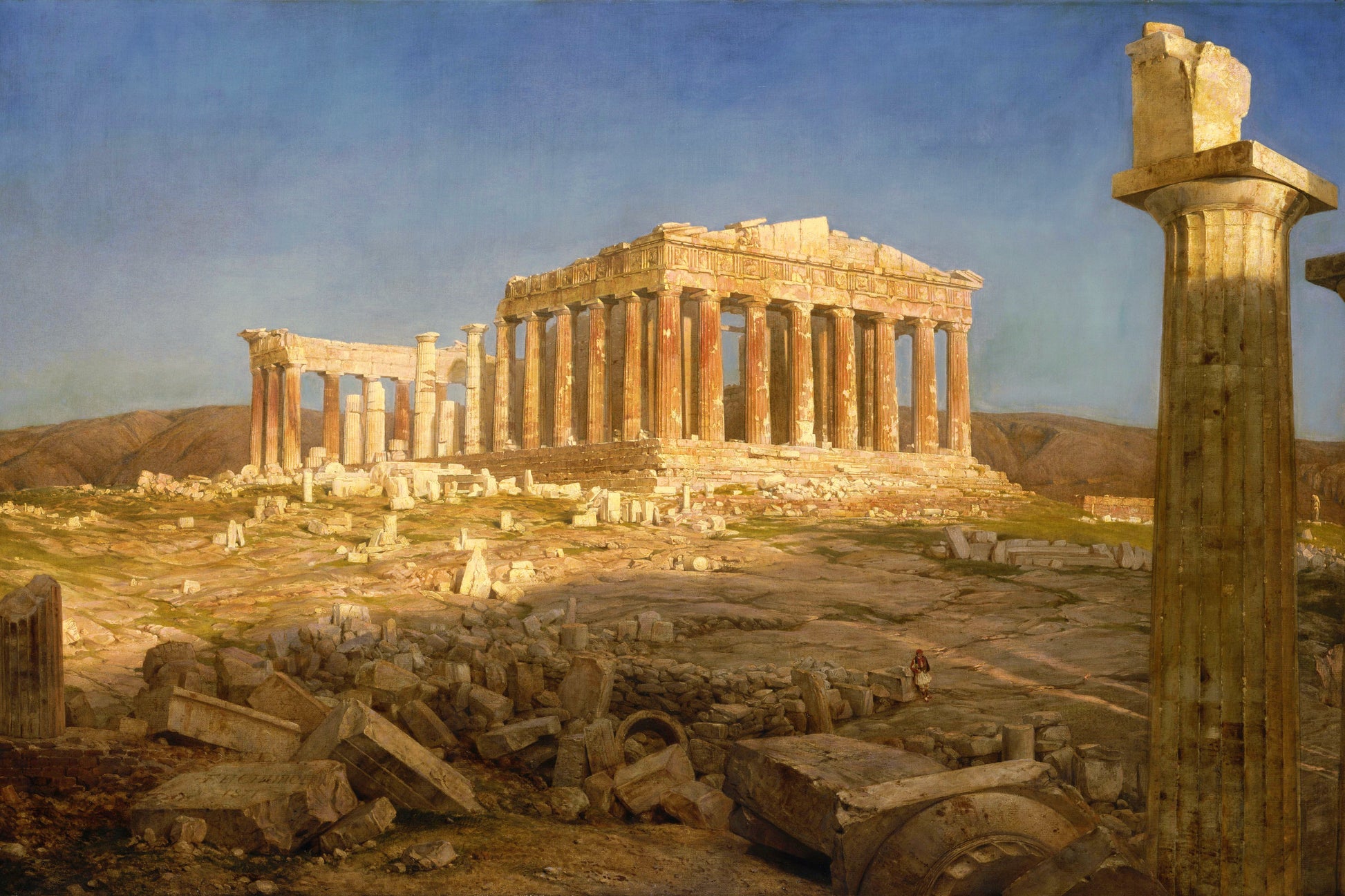 Ancient Greek temple with columns and ruins on a hillside