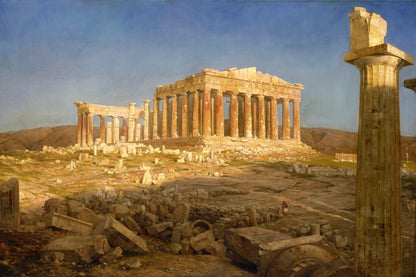 Ancient Greek temple with columns and ruins on a hillside