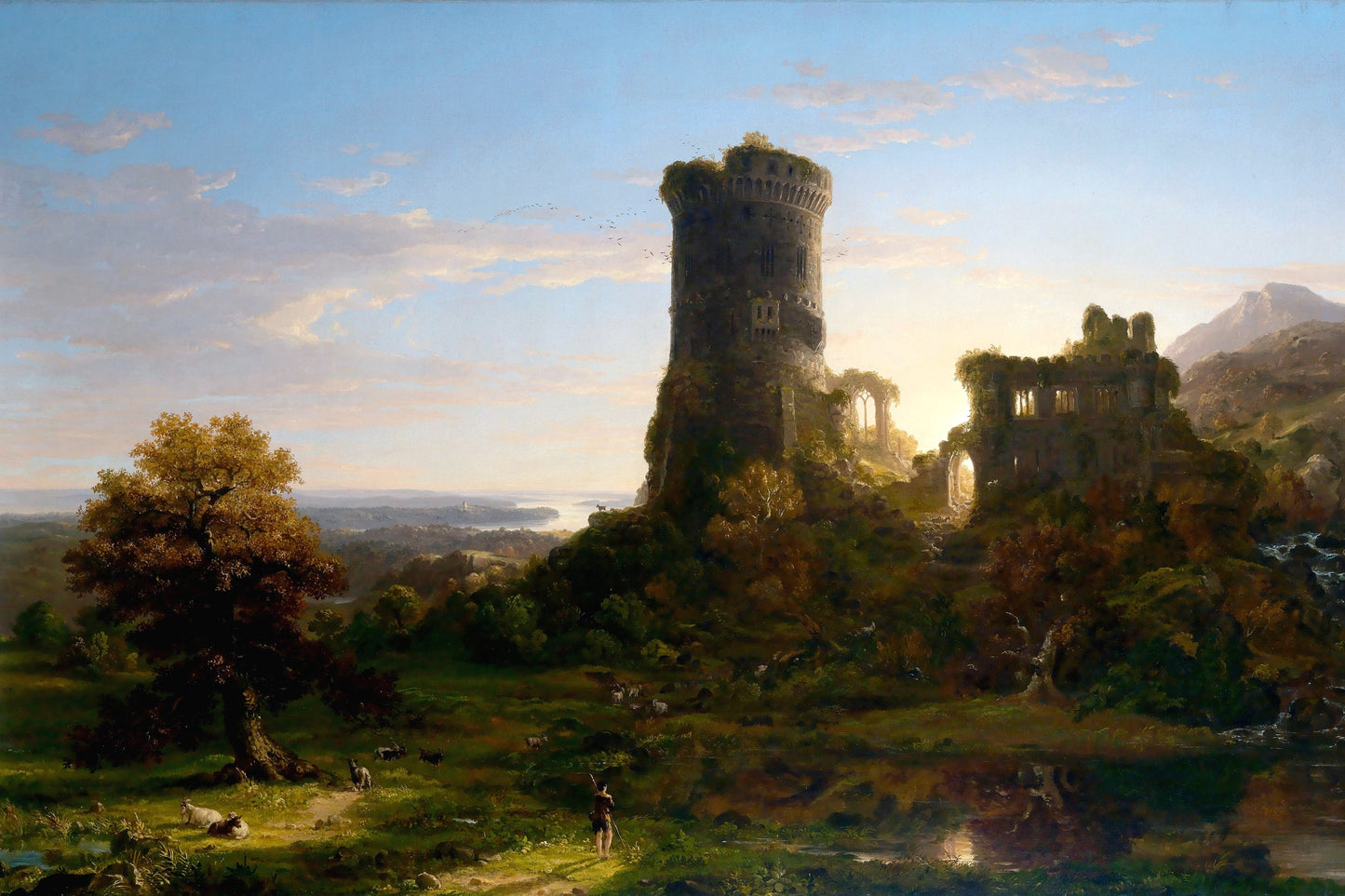 Painting of a castle ruin with a landscape and tree in the foreground