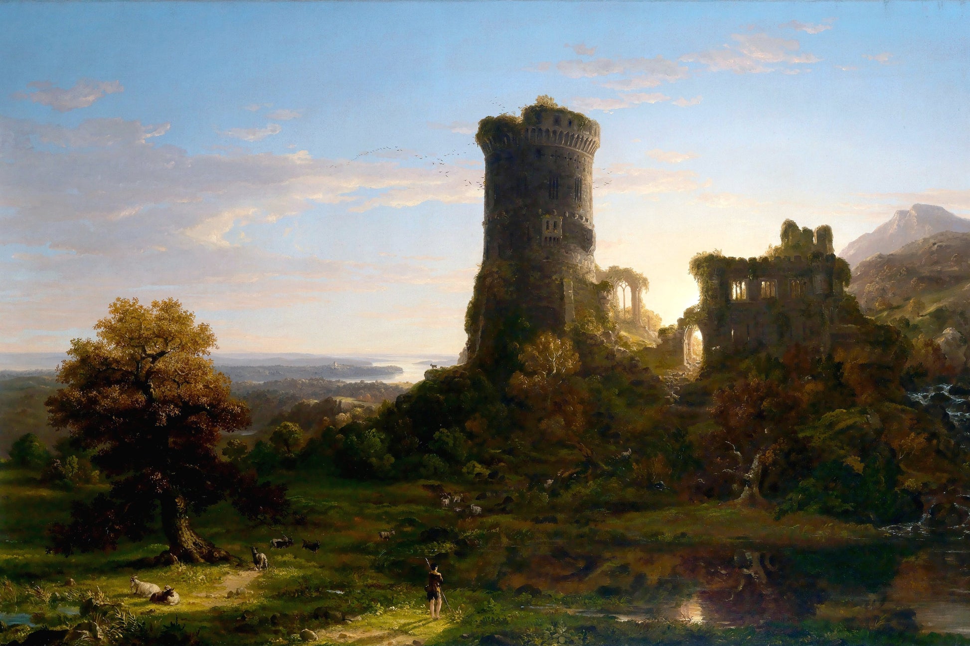 Painting of a castle ruin with a landscape and tree in the foreground