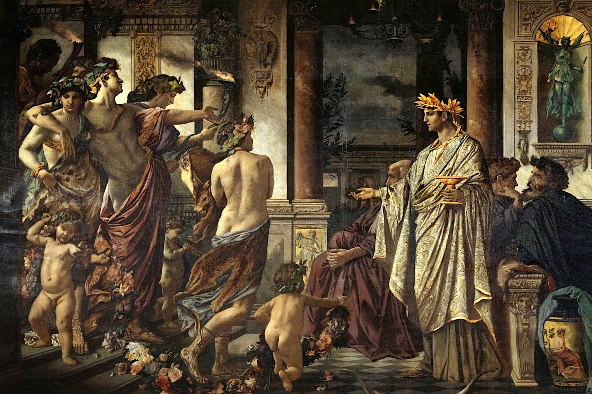 Mural or painting depicting classical scene with figures in robes and architectural elements.