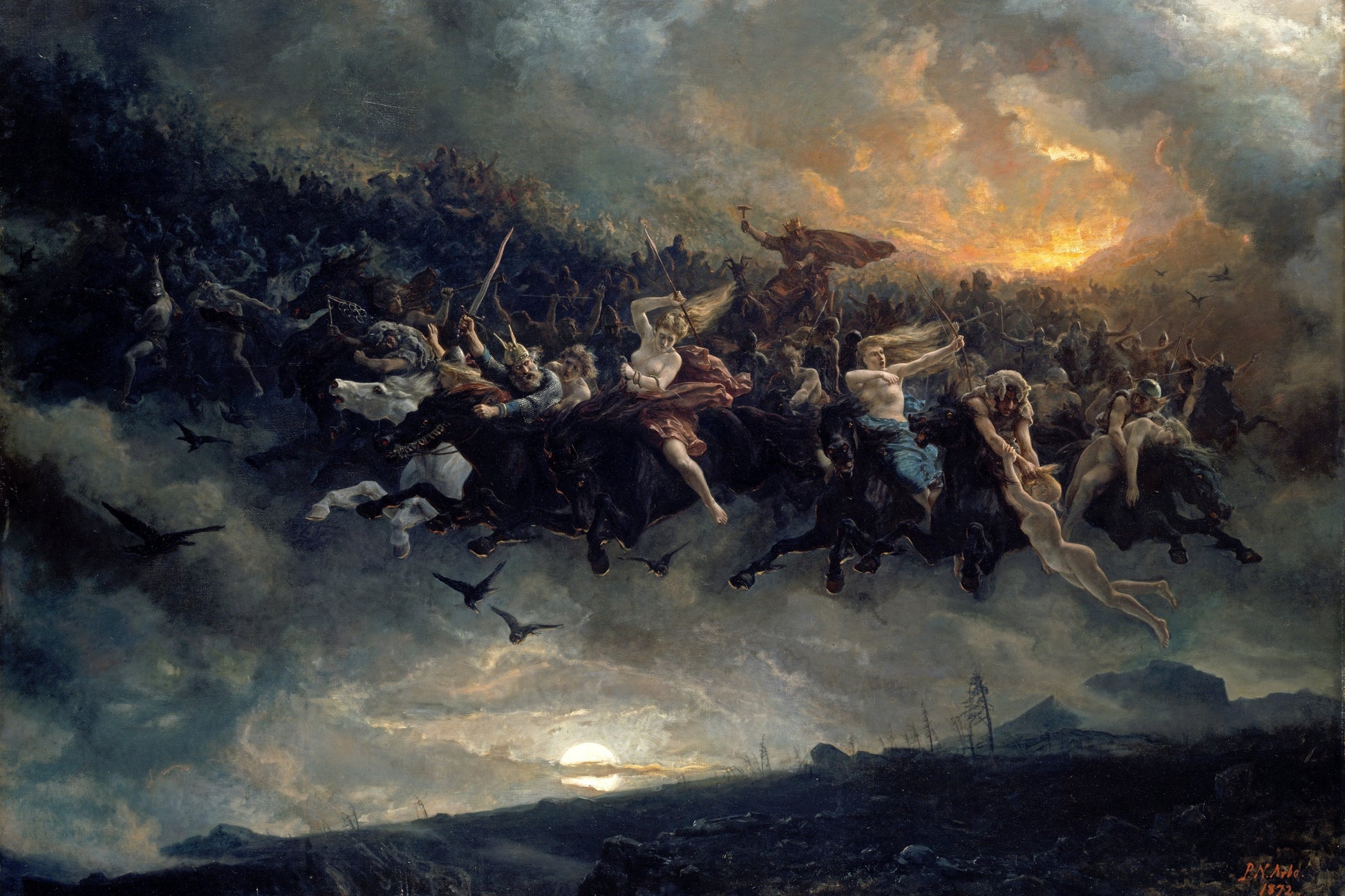 Painting of a dramatic battle scene with soldiers on horseback and a fiery sky.