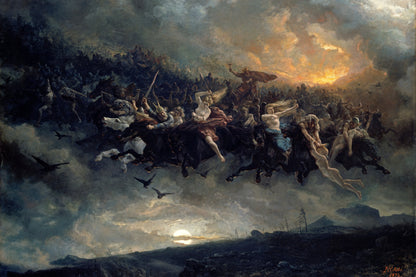 Painting of a dramatic battle scene with soldiers on horseback and a fiery sky.