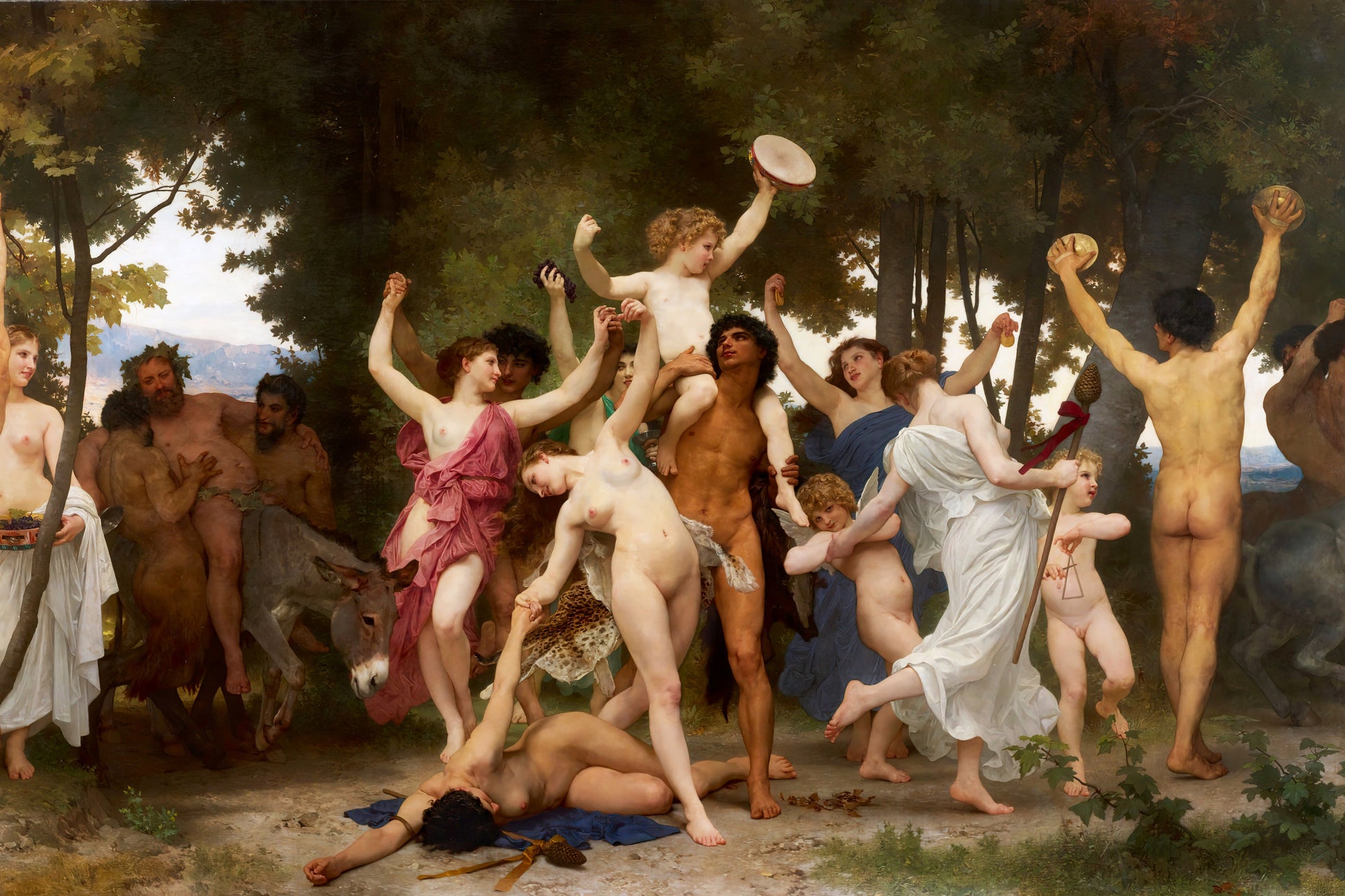 Classical painting of a group of nude figures in a forest setting with musical instruments and draped fabrics.