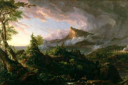 Landscape painting with trees, mountains, and a cloudy sky