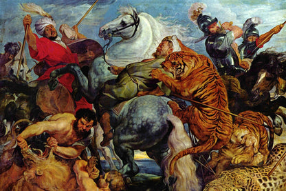 Mural depicting a chaotic battle scene with warriors, animals, and a tiger on horseback.