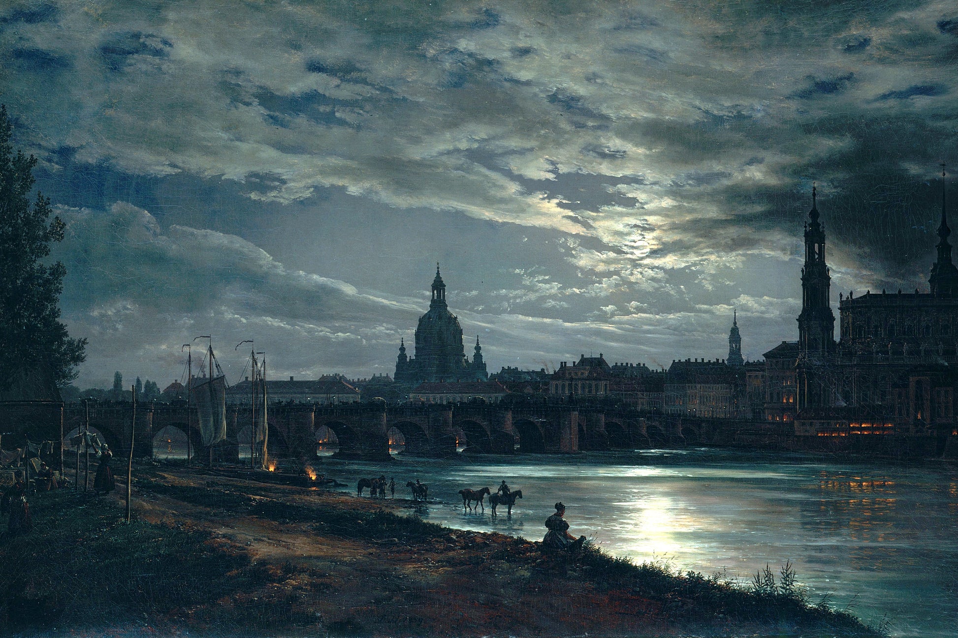 River scene with city skyline at night, possibly a painting