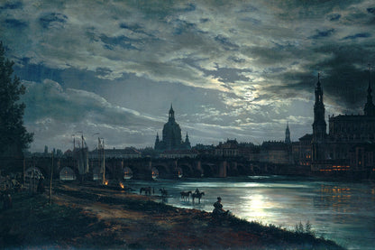 River scene with city skyline at night, possibly a painting