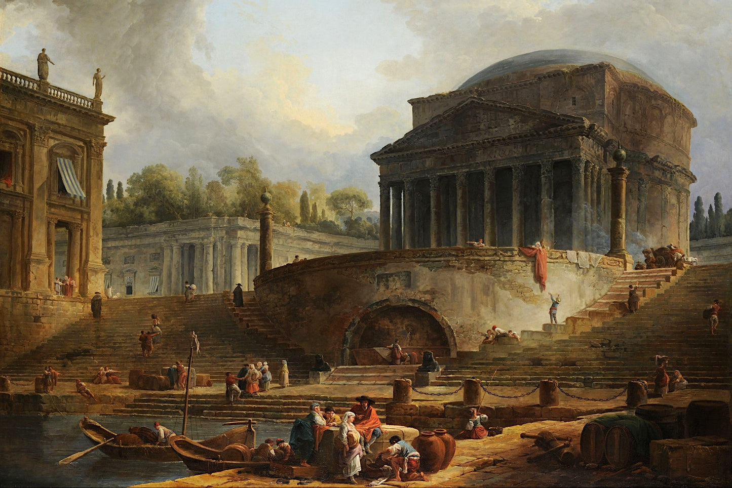 Historical painting of a classical architectural scene with people around a body of water.