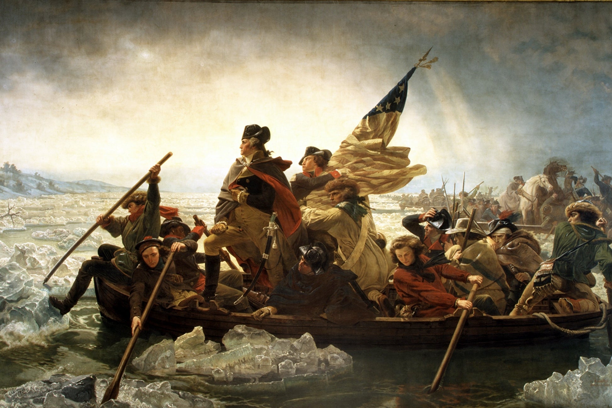 Painting of a historical scene with figures on a boat, likely from American history, with a focus on a central figure holding a flag.