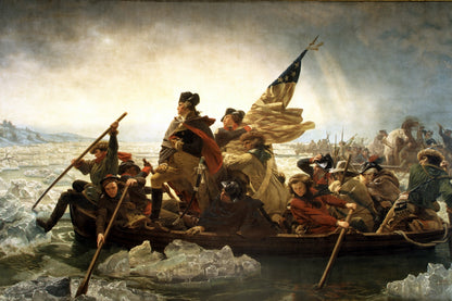 Painting of a historical scene with figures on a boat, likely from American history, with a focus on a central figure holding a flag.