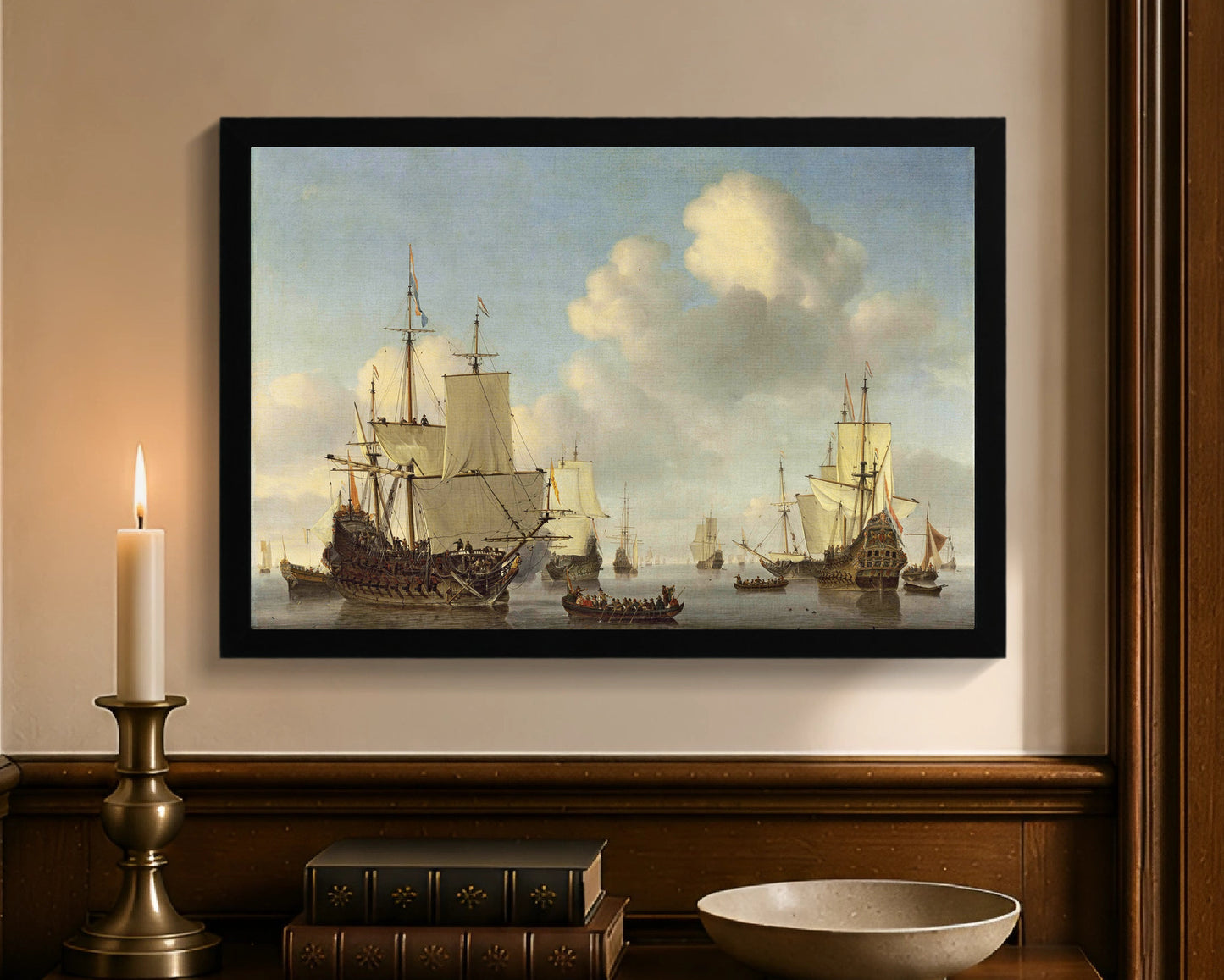 Dutch Ships in a Calm Sea, framed canvas with black frame, 12 by 18 inches