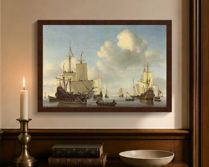 Dutch Ships in a Calm Sea, framed canvas with brown frame, 12 by 18 inches