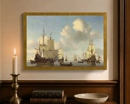 Dutch Ships in a Calm Sea, framed canvas with antique gold frame, 12 by 18 inches