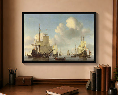Dutch Ships in a Calm Sea, framed canvas with black frame, 16 by 24 inches