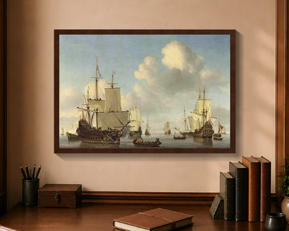 Dutch Ships in a Calm Sea, framed canvas with brown frame, 16 by 24 inches