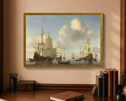 Dutch Ships in a Calm Sea, framed canvas with antique gold frame, 16 by 24 inches