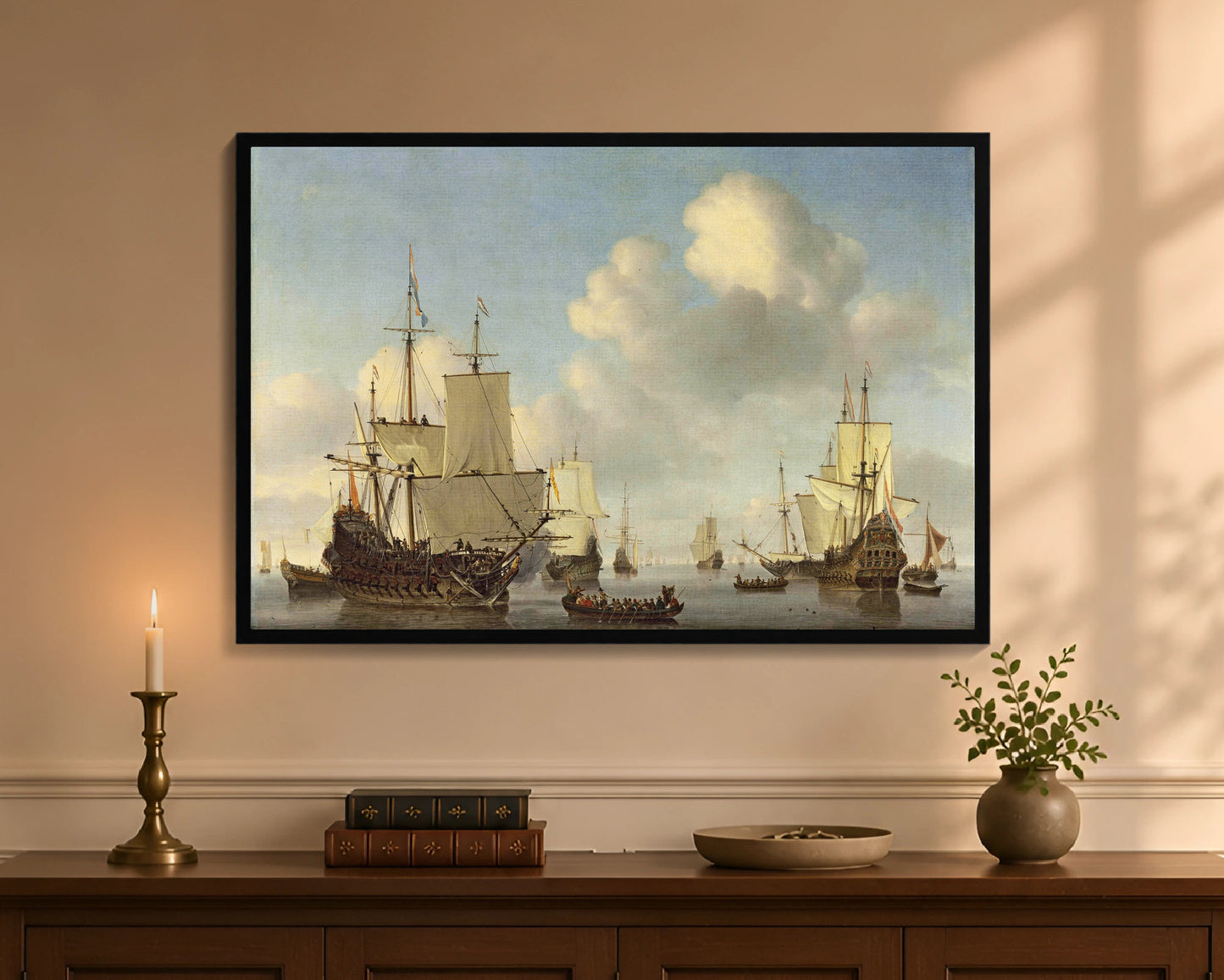 Dutch Ships in a Calm Sea, framed canvas with black frame, 24 by 36 inches