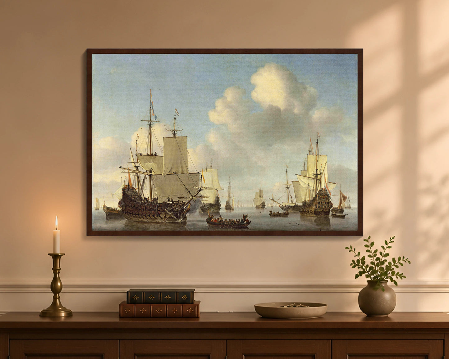 Dutch Ships in a Calm Sea, framed canvas with brown frame, 24 by 36 inches