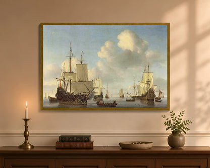 Dutch Ships in a Calm Sea, framed canvas with antique gold frame, 24 by 36 inches