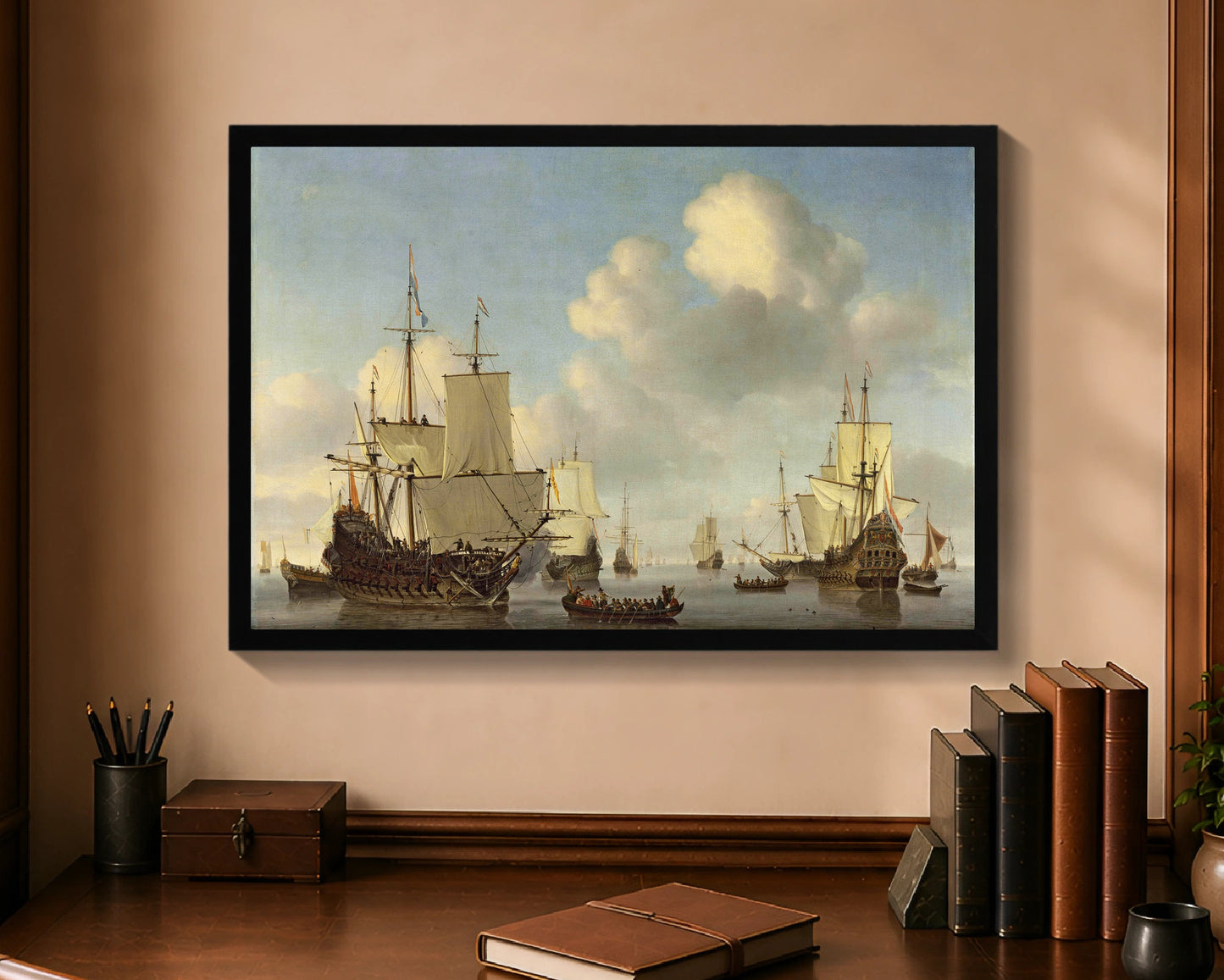 Dutch Ships in a Calm Sea, framed print with black frame, 16 by 24 inches