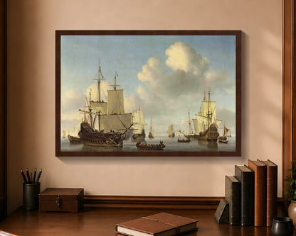 Dutch Ships in a Calm Sea, framed print with brown frame, 16 by 24 inches