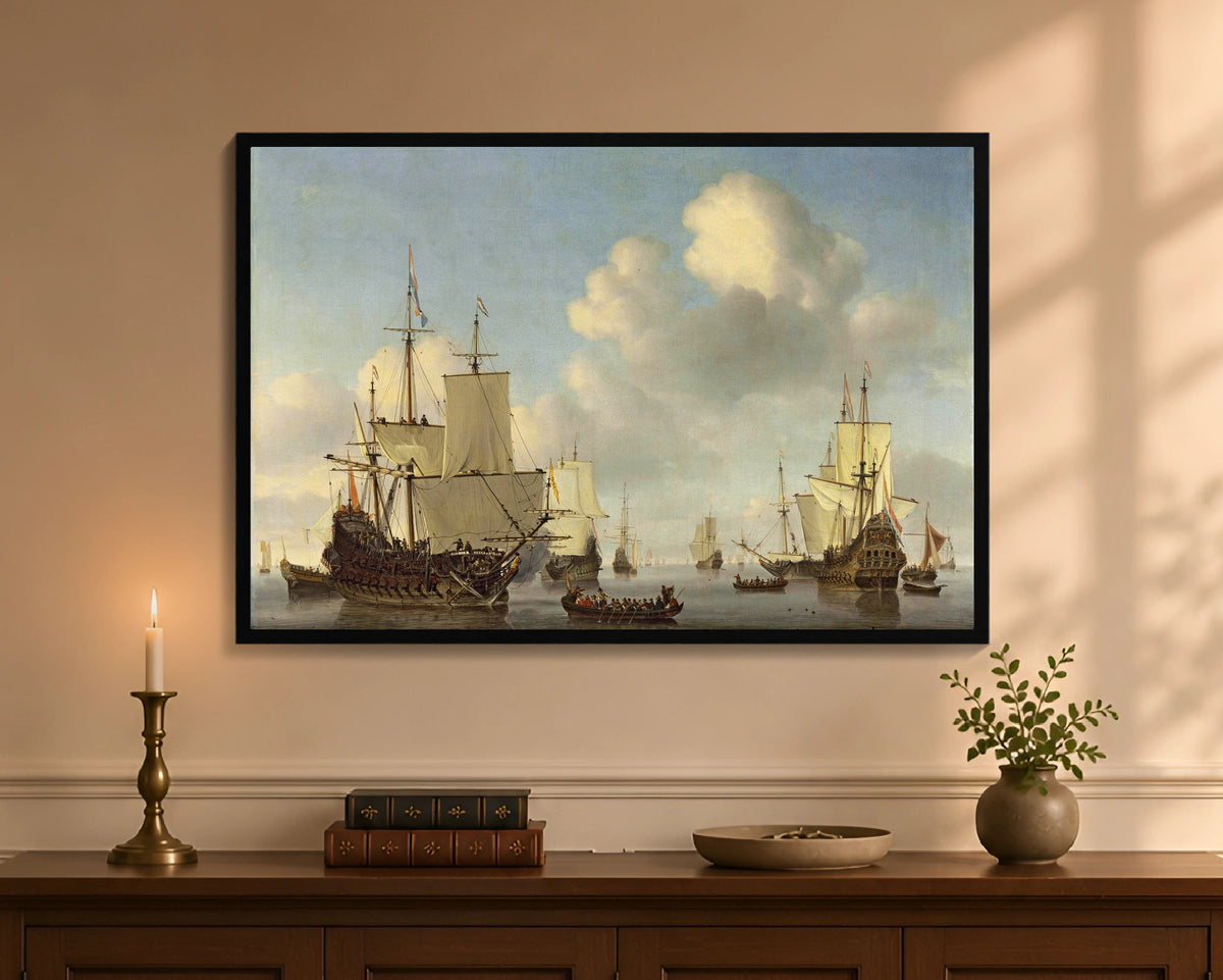 Dutch Ships in a Calm Sea, framed print with black frame, 24 by 36 inches