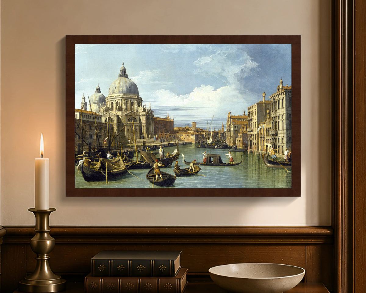 The Entrance to the Grand Canal, Venice, framed canvas with brown frame, 12 by 18 inches