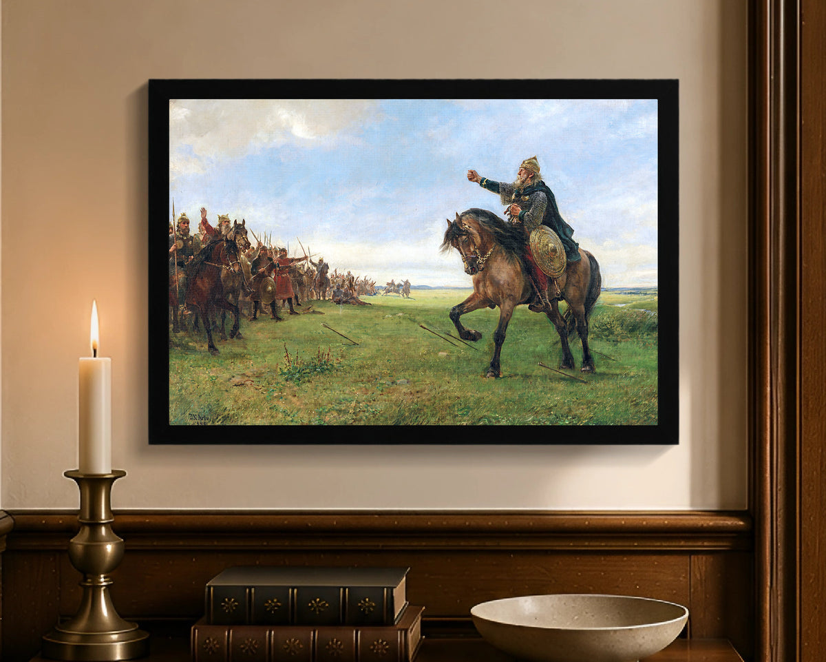 Gizur challenges the Huns, framed canvas with black frame, 12 by 18 inches