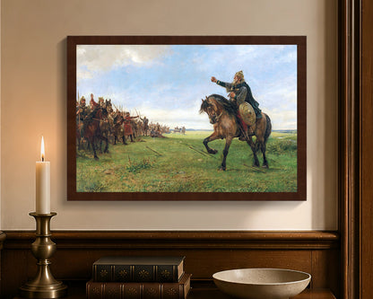 Gizur challenges the Huns, framed canvas with brown frame, 12 by 18 inches