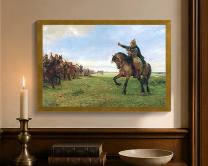 Gizur challenges the Huns, framed canvas with antique gold frame, 12 by 18 inches