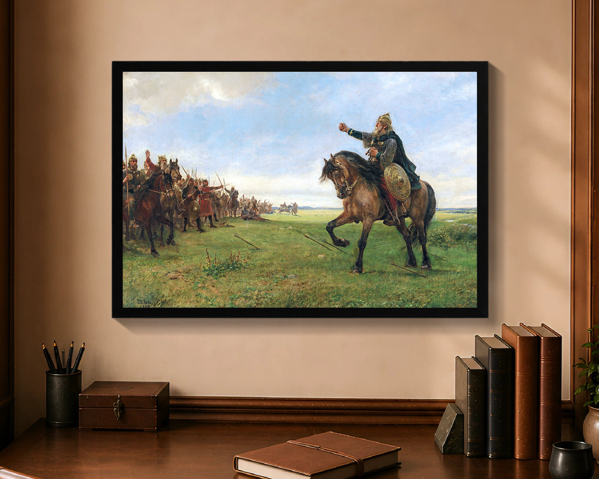 Gizur challenges the Huns, framed canvas with black frame, 16 by 24 inches