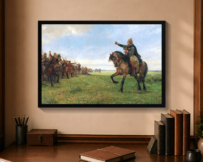 Gizur challenges the Huns, framed canvas with black frame, 16 by 24 inches