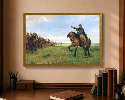 Gizur challenges the Huns, framed canvas with antique gold frame, 16 by 24 inches